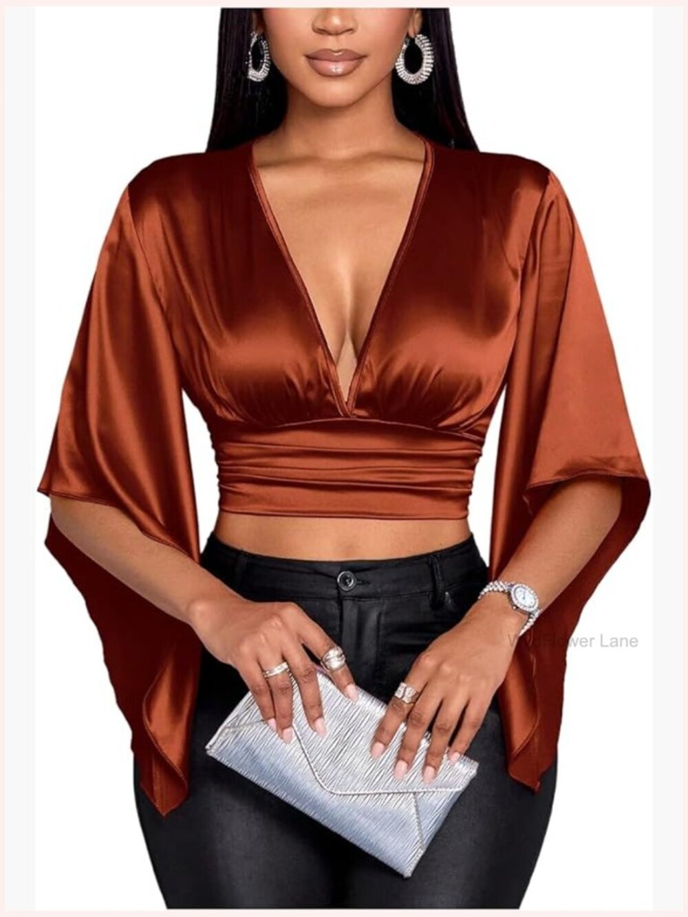 Deep V Neck Cut Out Knot Satin Blouse Asymmetrical Ruffle Sleeve Crop Top